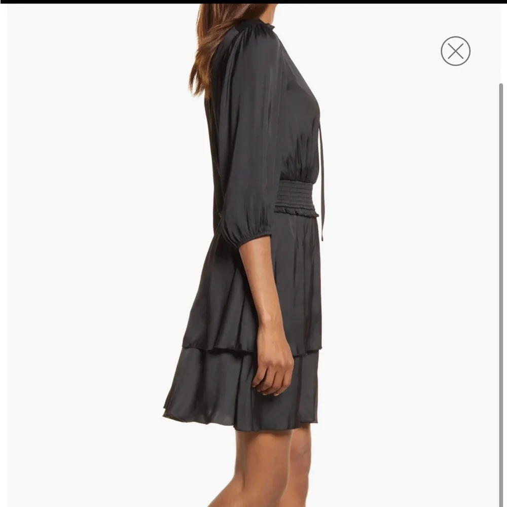 Sam Edelman Long Sleeve Tiered Dress Silky Smock Waist Black L NWT